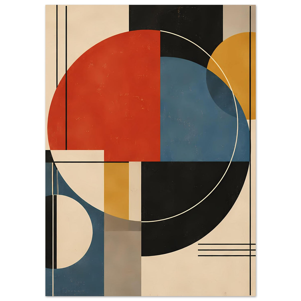 Geometrisches Abstract-Poster mit rotem Rechteck, blauem Halbkreis, gelben Elementen und Kreisformen.