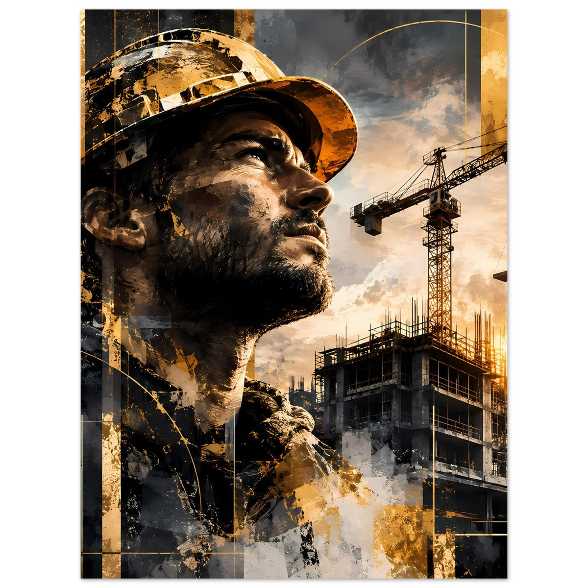 Poster mit Bauarbeitergesicht im Hut und Baustellenkränen, Gold- und Grauelemente