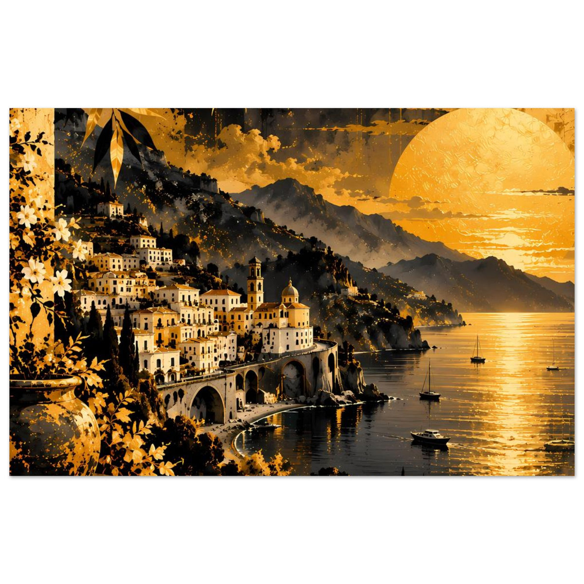 Horizontales Poster mit Küstendorf am Wasser, gelber Sonne, warmem Himmel und Booten