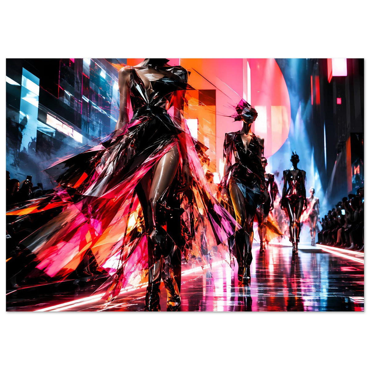 Poster: Laufsteg-Models in futuristischer Comic-Optik, schwarze Outfits, rote und blaue Lichter.