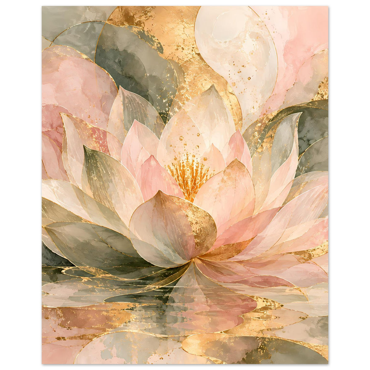 Vertikales Zen-Poster mit zarter Lotusblüte in Rosé, Gold und Grün