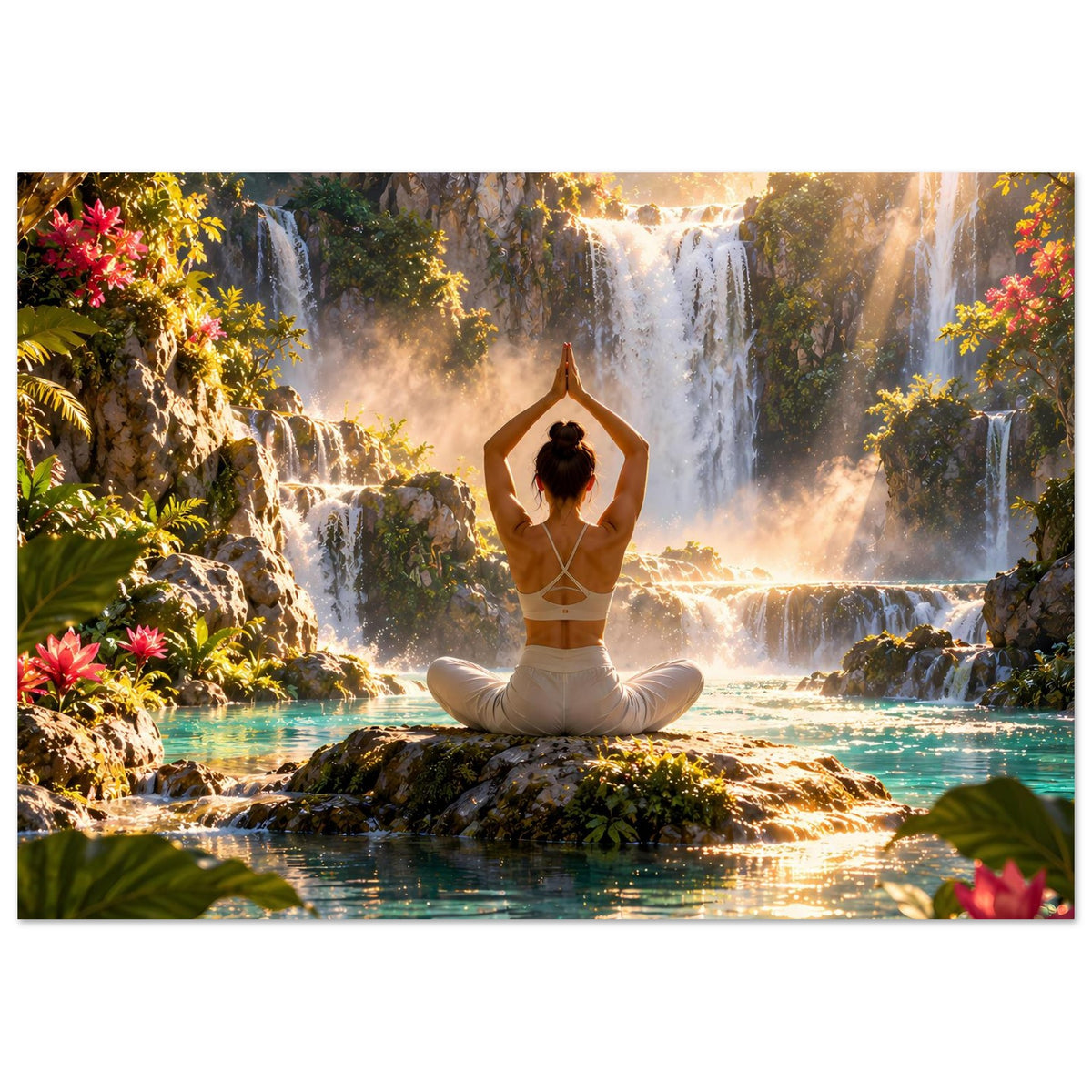 Yoga-Meditationsposter mit meditierender Frau in Lotushaltung vor Wasserfall und Lichtreflexen