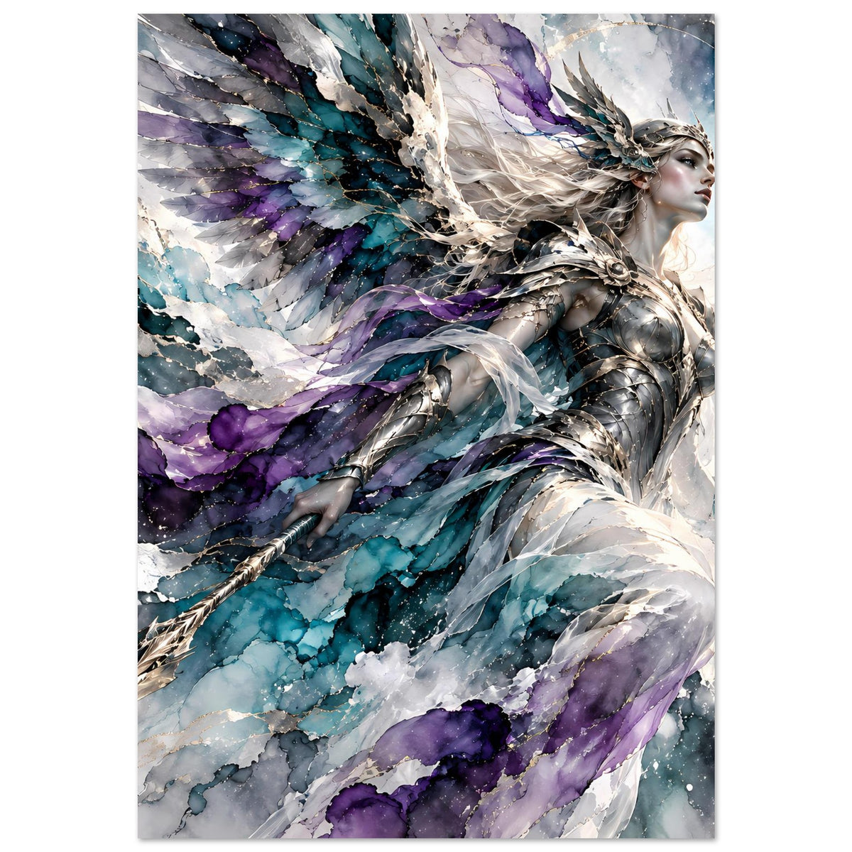 Fantasy-Kriegerengel-Poster mit ausgebreiteten Flügeln in Türkis, Blau und Violett, silberne Rüstung.