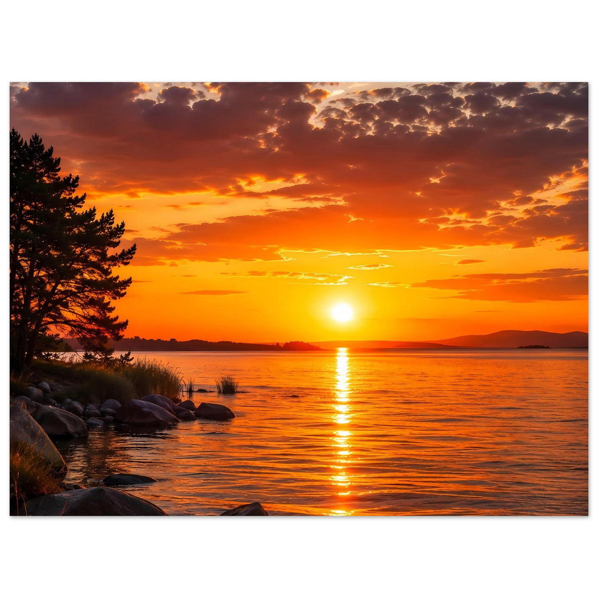 Poster mit Sonnenuntergang über See: goldene Sonne, spiegelnde Reflexion, Felsen und Uferpflanzen.