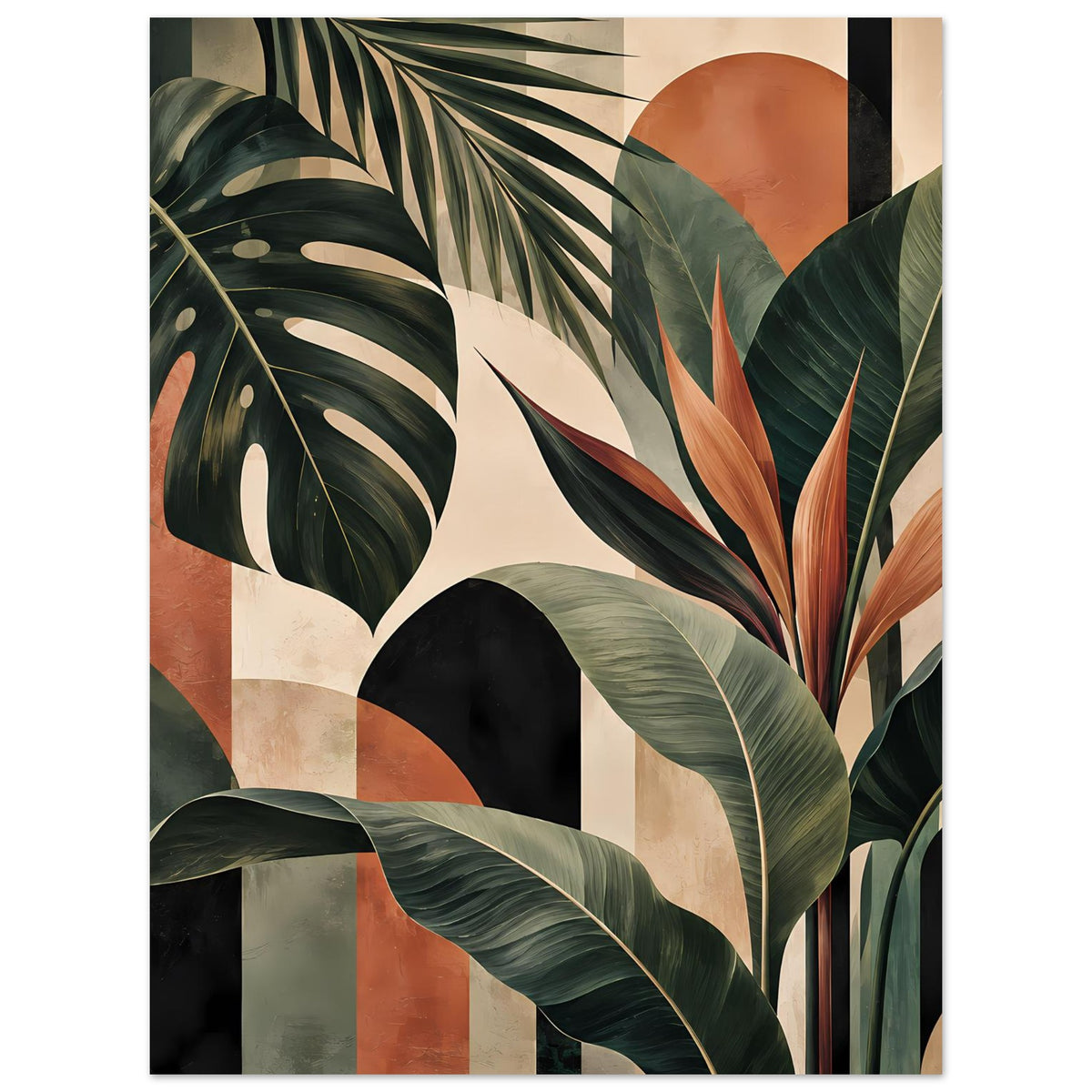 Botanisches Kunstposter mit großen Tropenblättern, grünen Adern und orangefarbenen Akzenten.