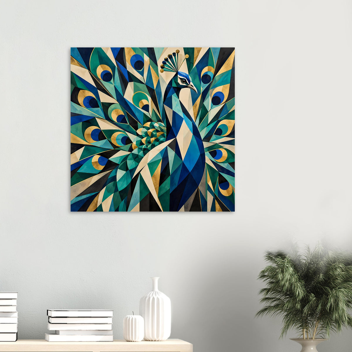 Quadratisches Poster mit geometrischem Pfau-Motiv in Blau, Türkis und Gold