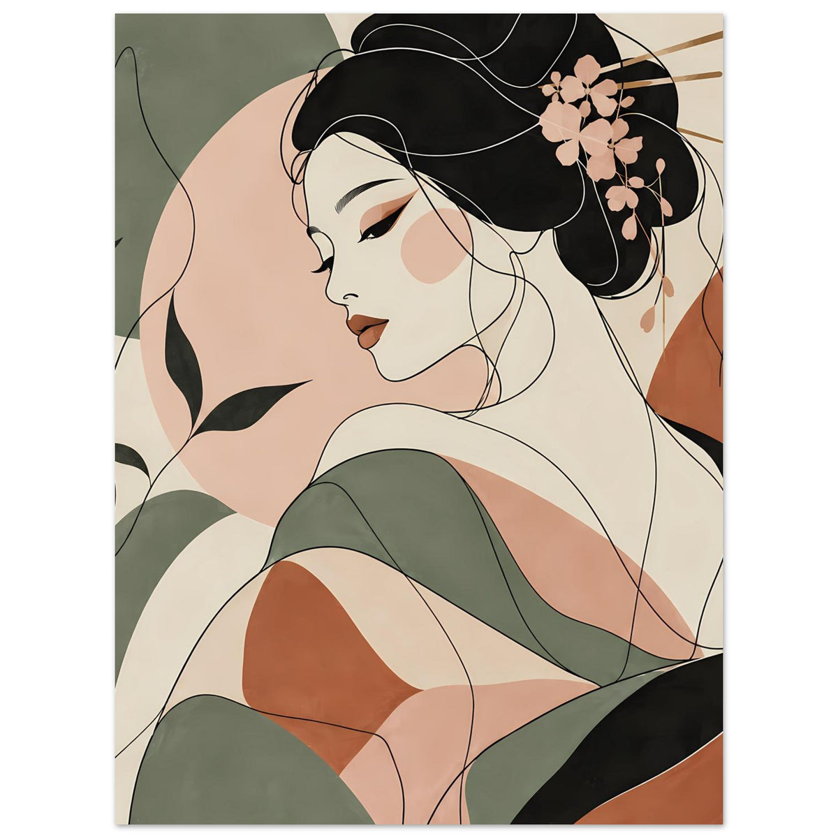 Zen-Poster: Geisha im Linienkunst-Stil, Nahansicht von Gesicht und Oberkörper mit grünem Kimono.