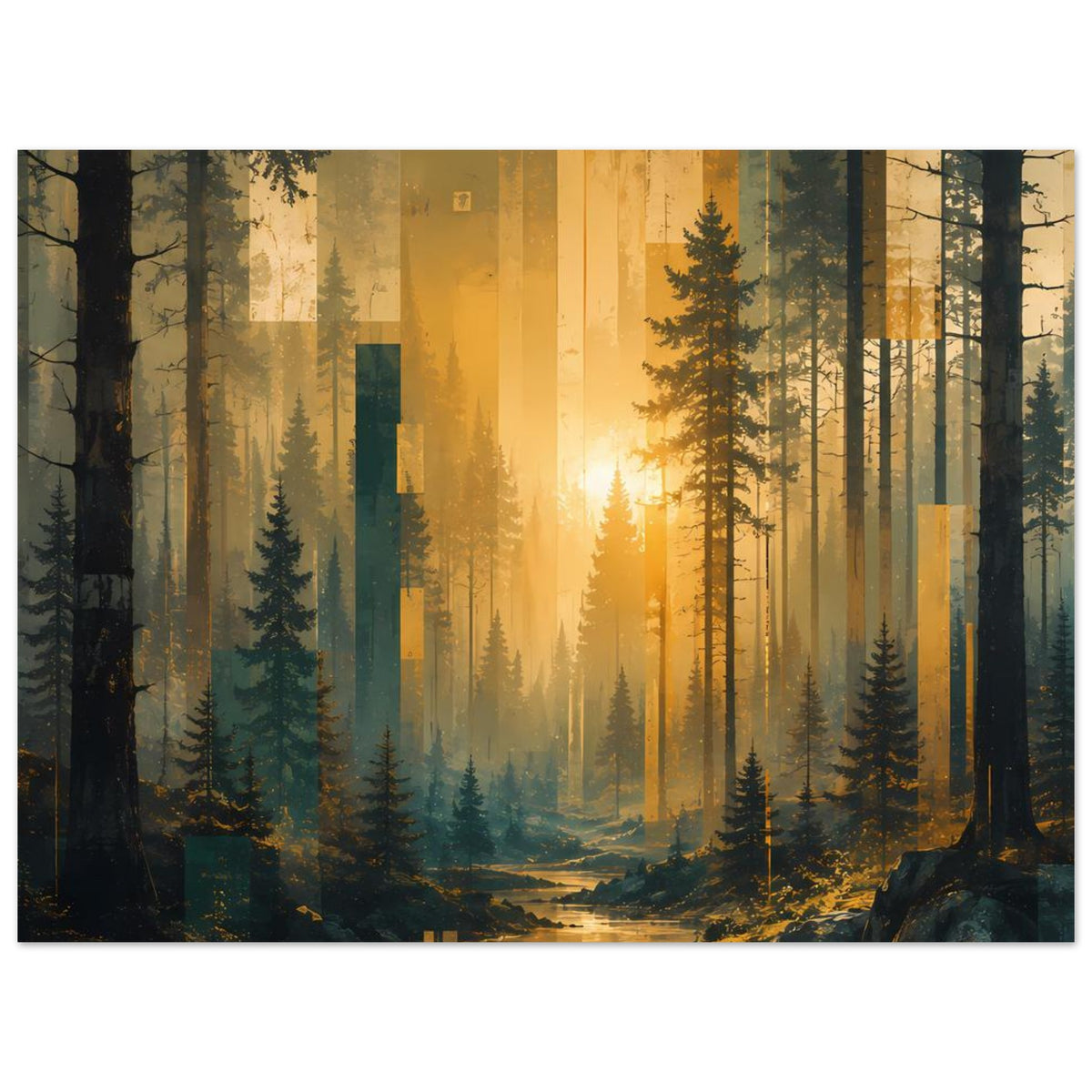 Wandposter mit mystischer Waldszene im Sonnenaufgang, Tannen, Nebel und goldenes Licht