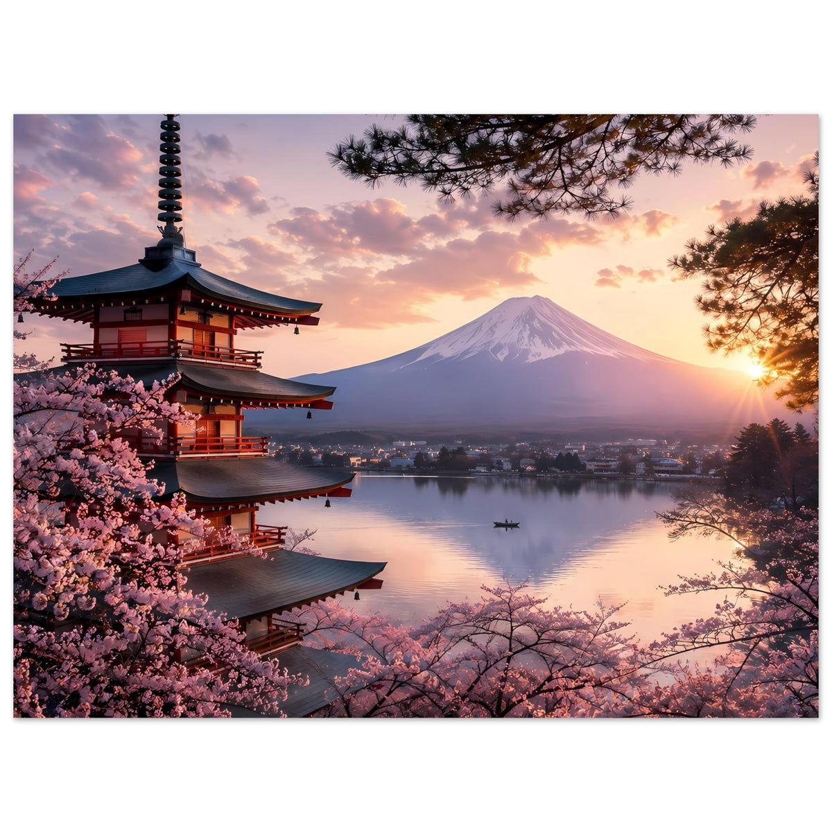 Horizontales Poster: Japanische Pagode links, Fuji und Kirschblüten am Ufer