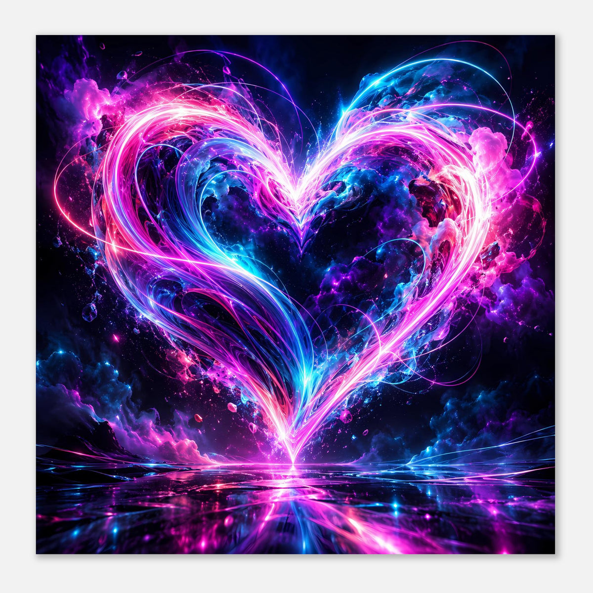 Kunstposter mit leuchtendem Neon-Herz in Pink und Blau, Hintergrund mit Sternfunken