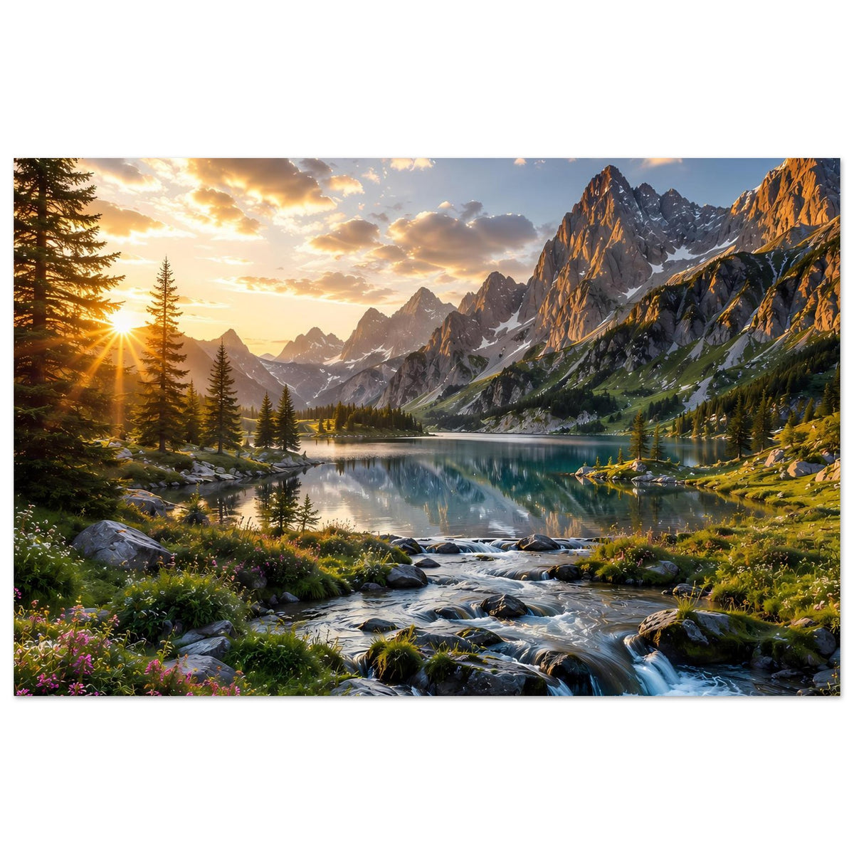 Querformat-Poster mit Bergsee bei Sonnenaufgang, fließendem Bach über Steine und Wiesenblumen