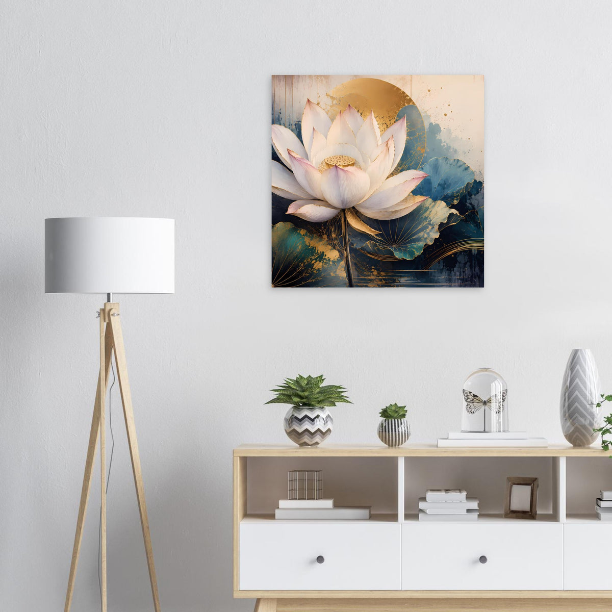 Premium-Poster mit Lotusblütenmotiv in Weiß, Gold und Blau