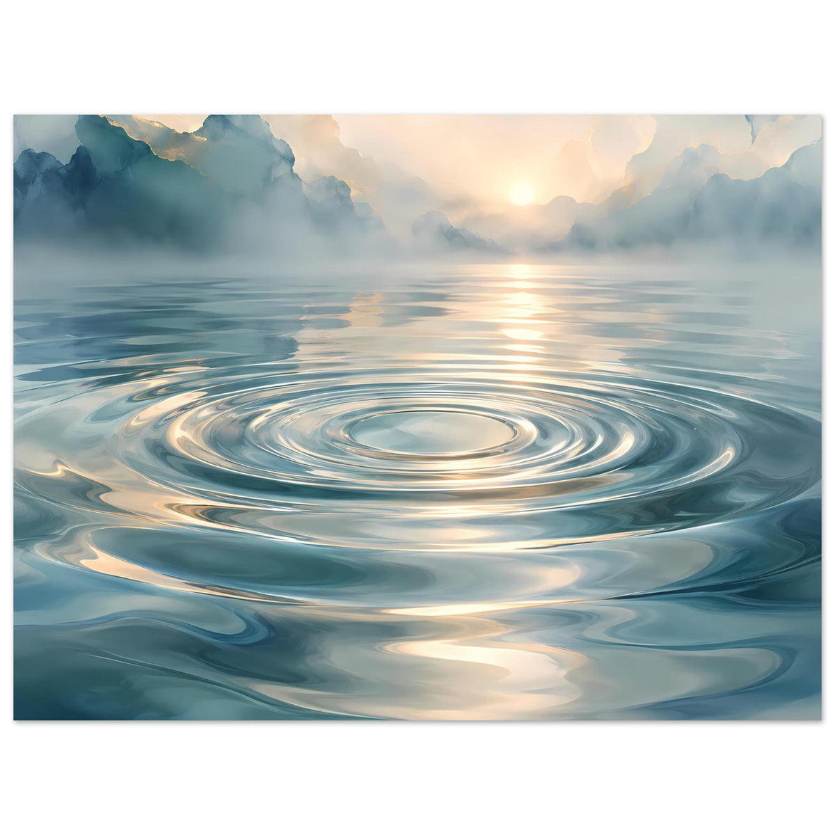 Wasserwellen-Poster mit Sonnenaufgang und kreisförmigen Wellenringen auf blauem Meer, horizontal