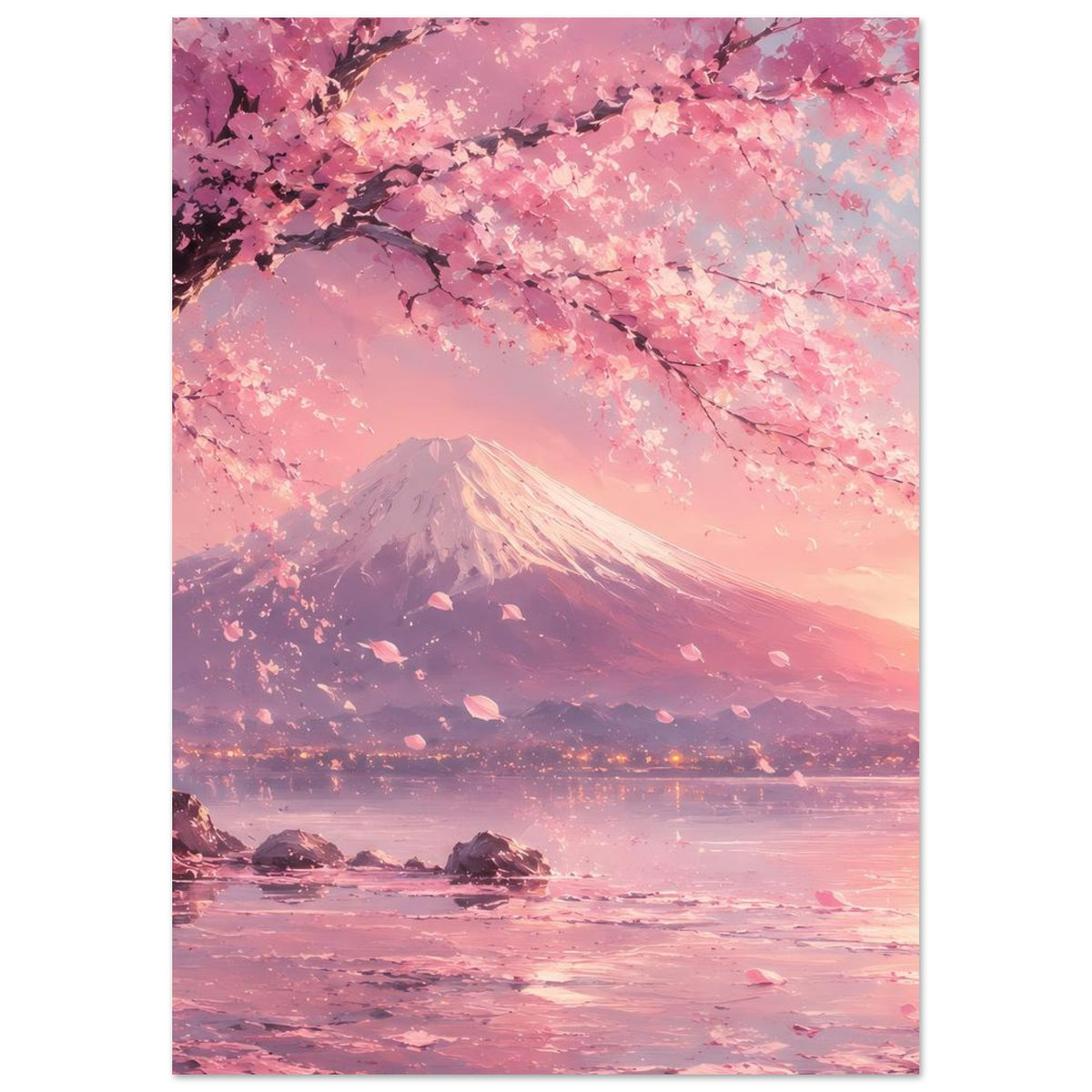 Poster mit Berg Fuji im Abendlicht, Kirschblütenzweigen und rosafarbenem See