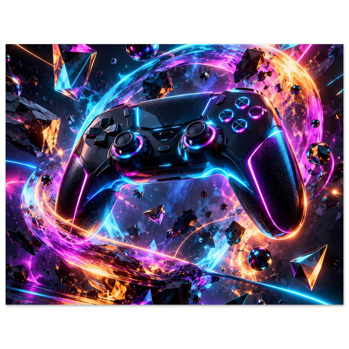 Futuristisches Poster mit Gaming-Controller-Motiv: schwarz, umrandet von Neon in Pink/Blau