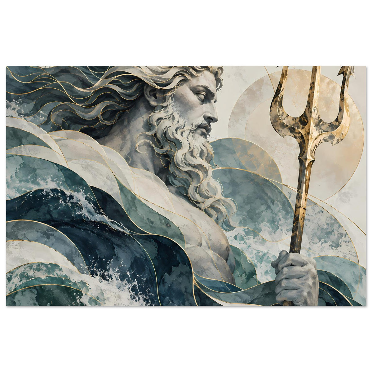 Querformat-Wandposter: Neptun im Profil mit Dreizack, umgeben von blauen Wellen