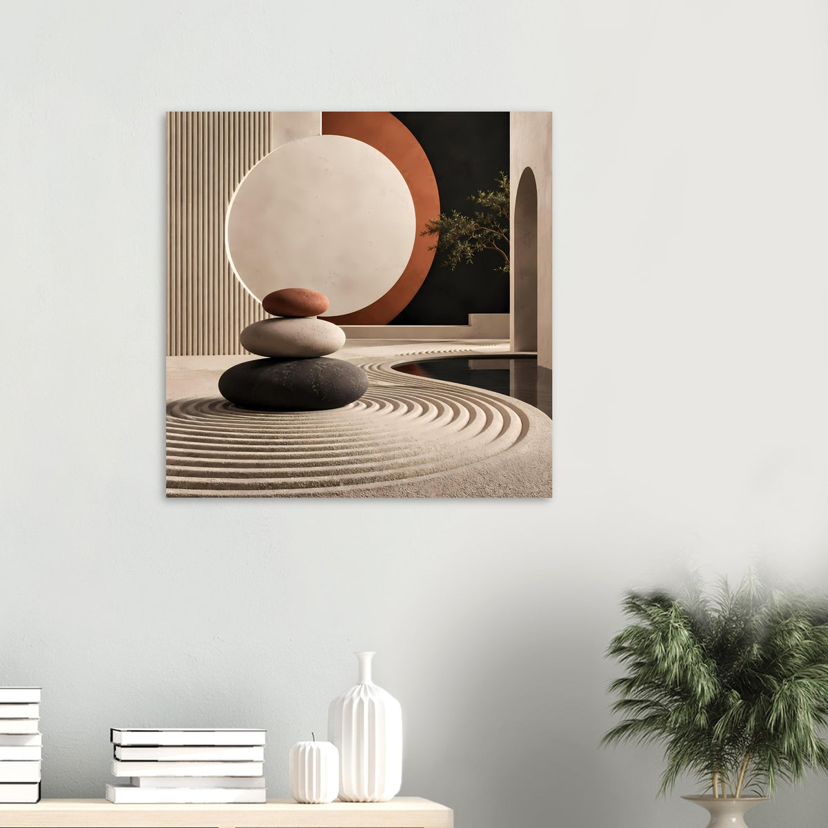 Minimalistisches Kunstposter (kleine Ansicht): Creme-Kreis mit Terrakotta-Bogen, gestapelte Steine