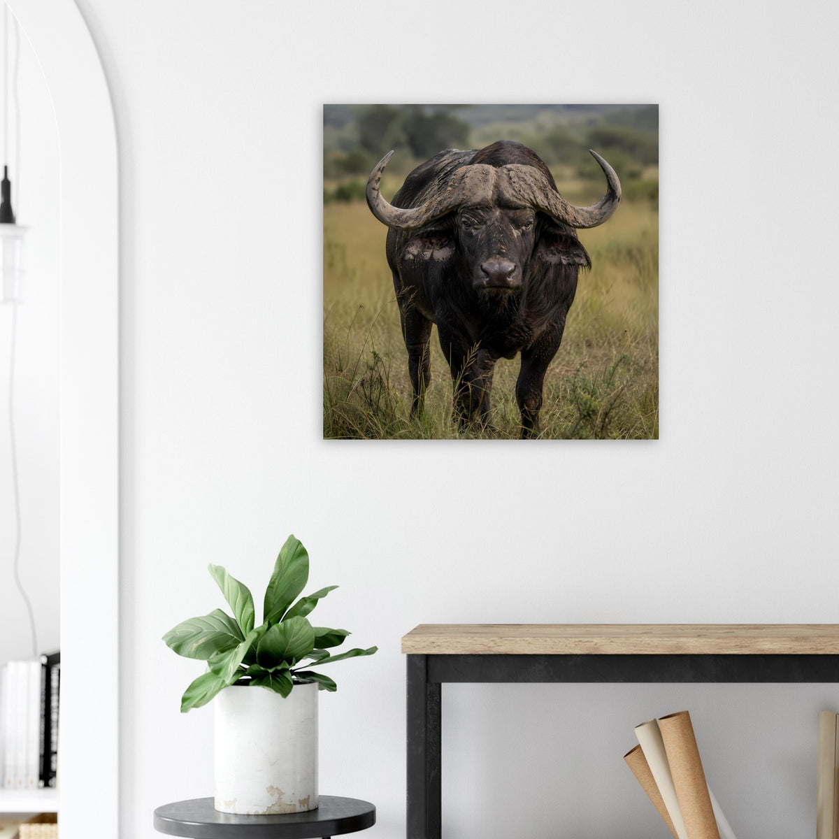 Poster mit schwarzem Büffel auf grün-gelbem Untergrund, Blick nach vorn