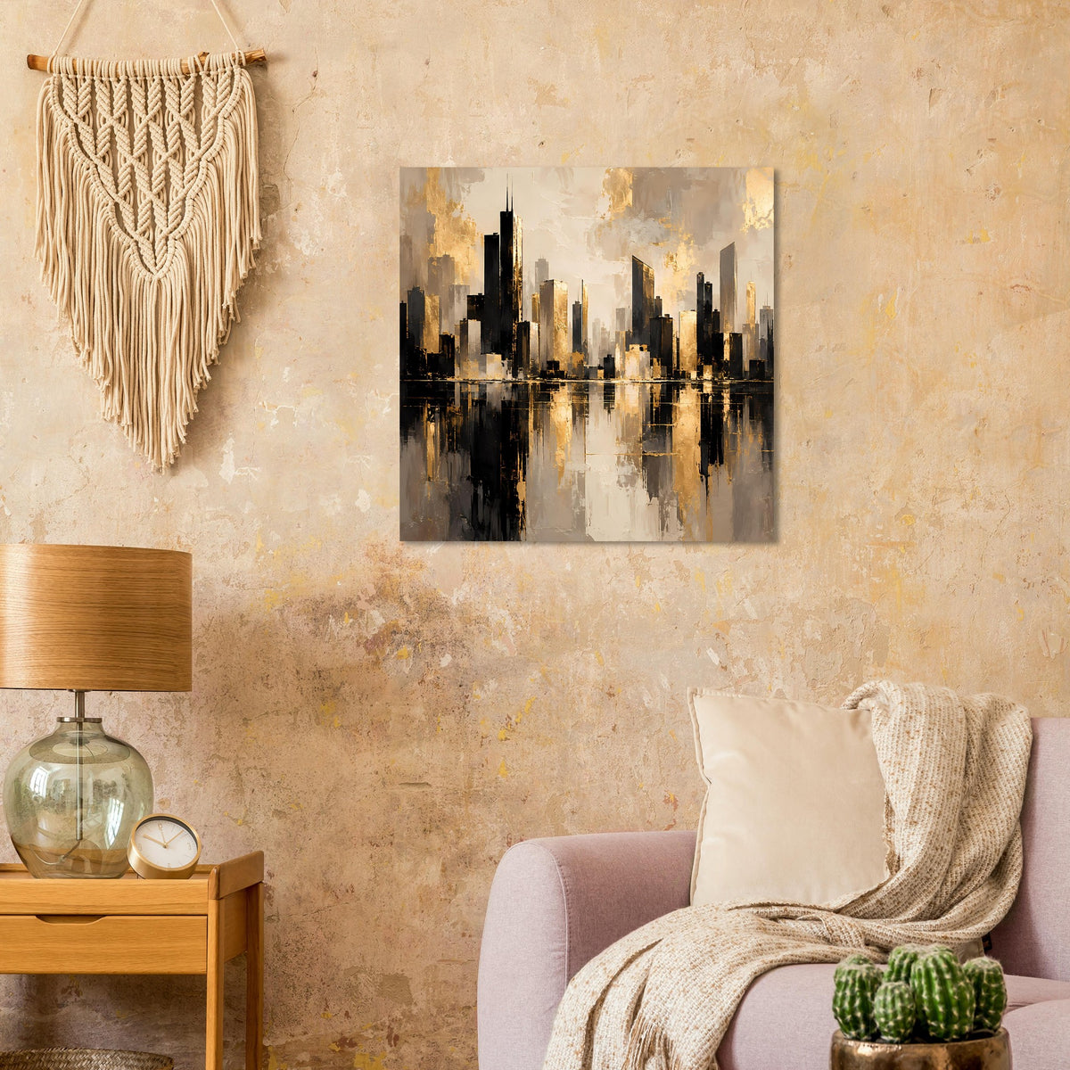Poster mit abstrakter Skyline über spiegelndem Wasser, Beige, Gold und Schwarz
