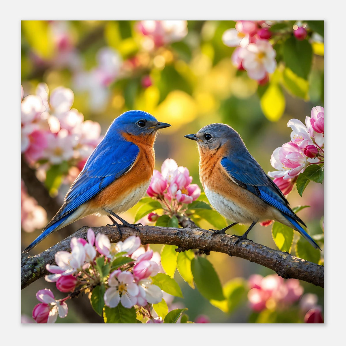 Poster mit zwei Blaumeisen auf Ast, umrahmt von rosa Blüten und Blättern