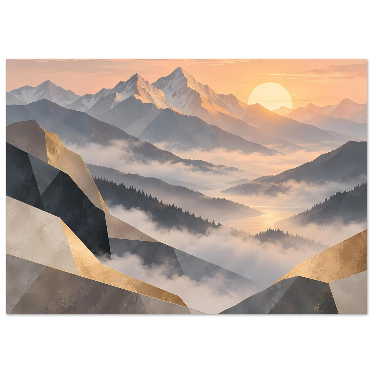 Poster im Querformat: Berglandschaft bei warmem Licht, diagonal goldene Akzente und Nebel