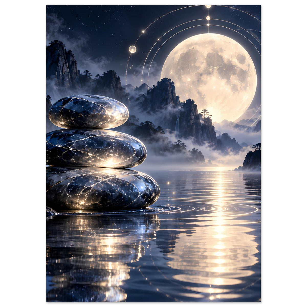 Poster mit Vollmond und Zen-Steinen im Vordergrund, reflektierte Lichtspuren