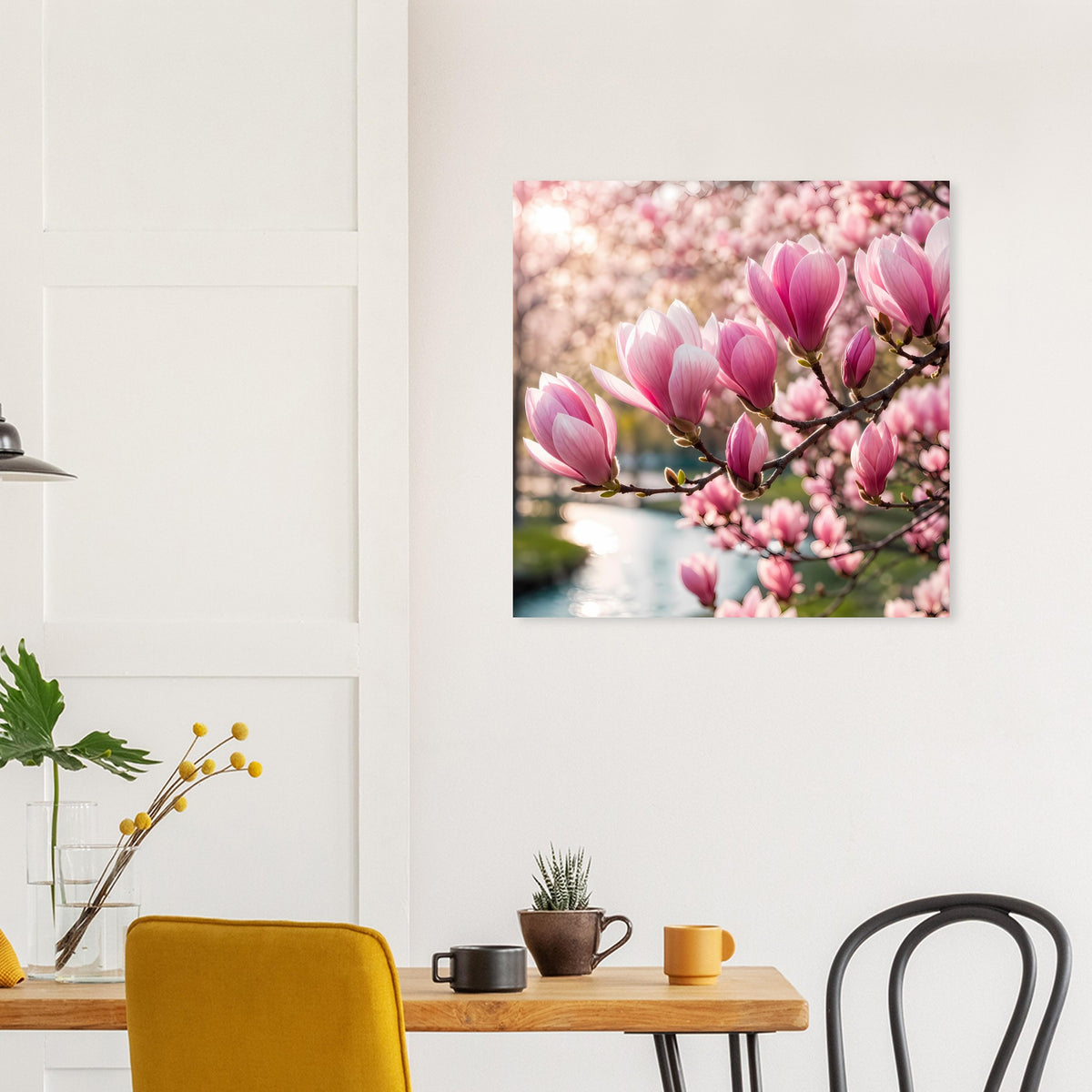 Blumenposter mit rosa Magnolienblüten und weißen Blüten im Hintergrund