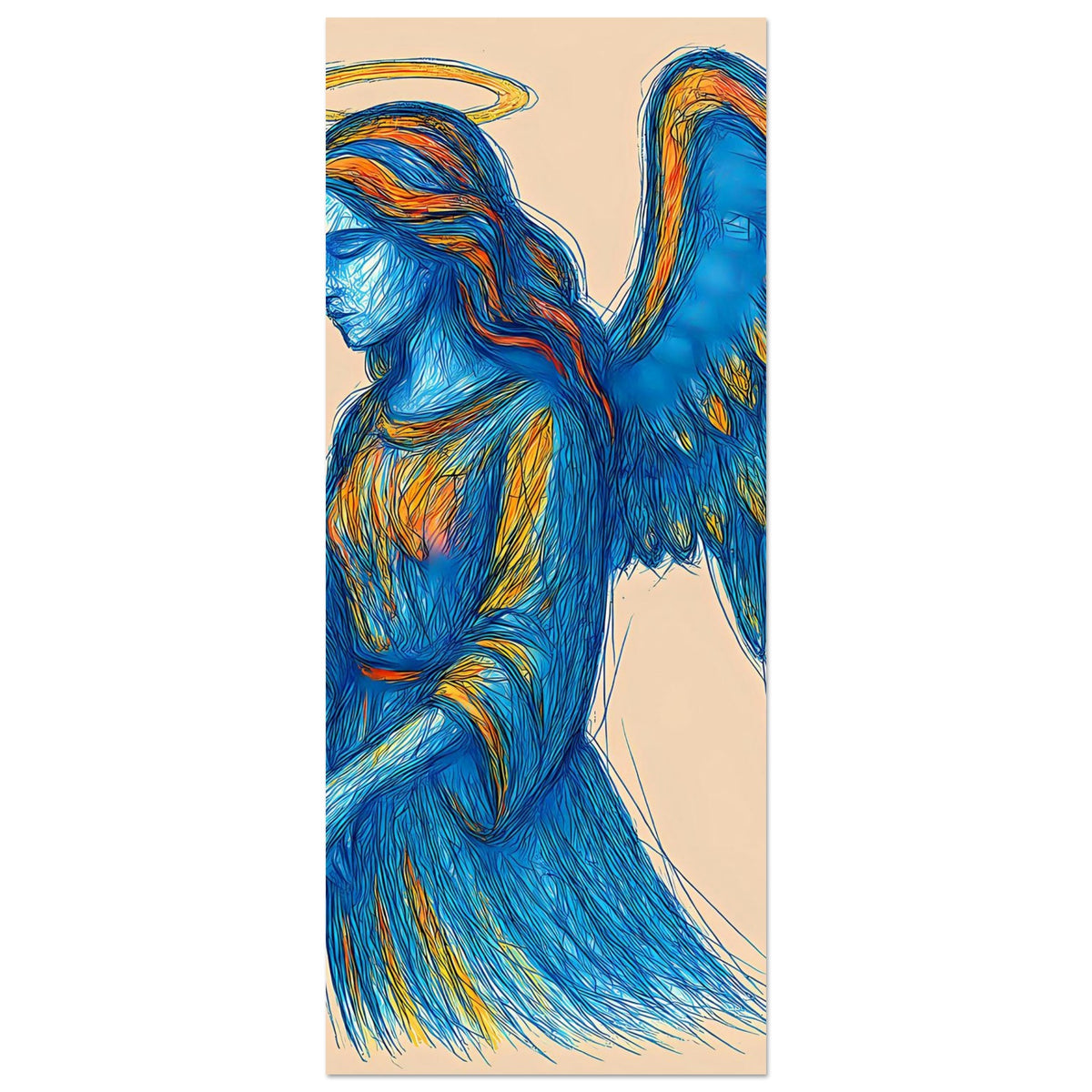 Poster im Hochformat: Engel in Blau mit Flügeln und goldener Leuchtscheibe