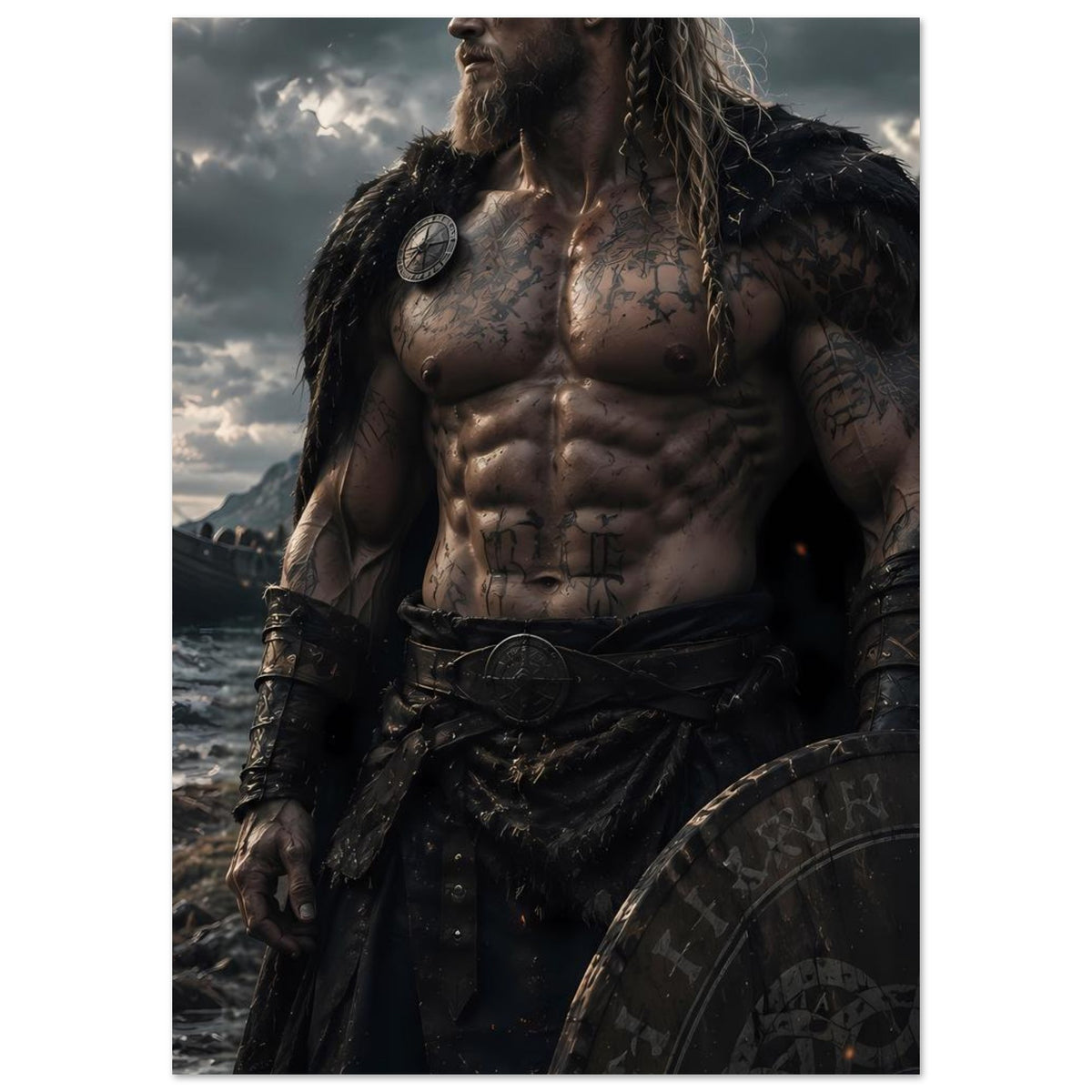 Fantasy-Poster mit Wikingerkrieger, Schildrand rechts, Gürtel mit Stoffüberwurf