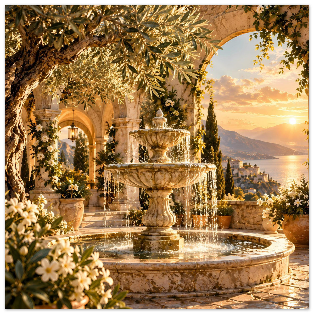 Poster: antiker Springbrunnen mit sprühendem Wasser, Blumen und goldenem Laub im Abendlicht