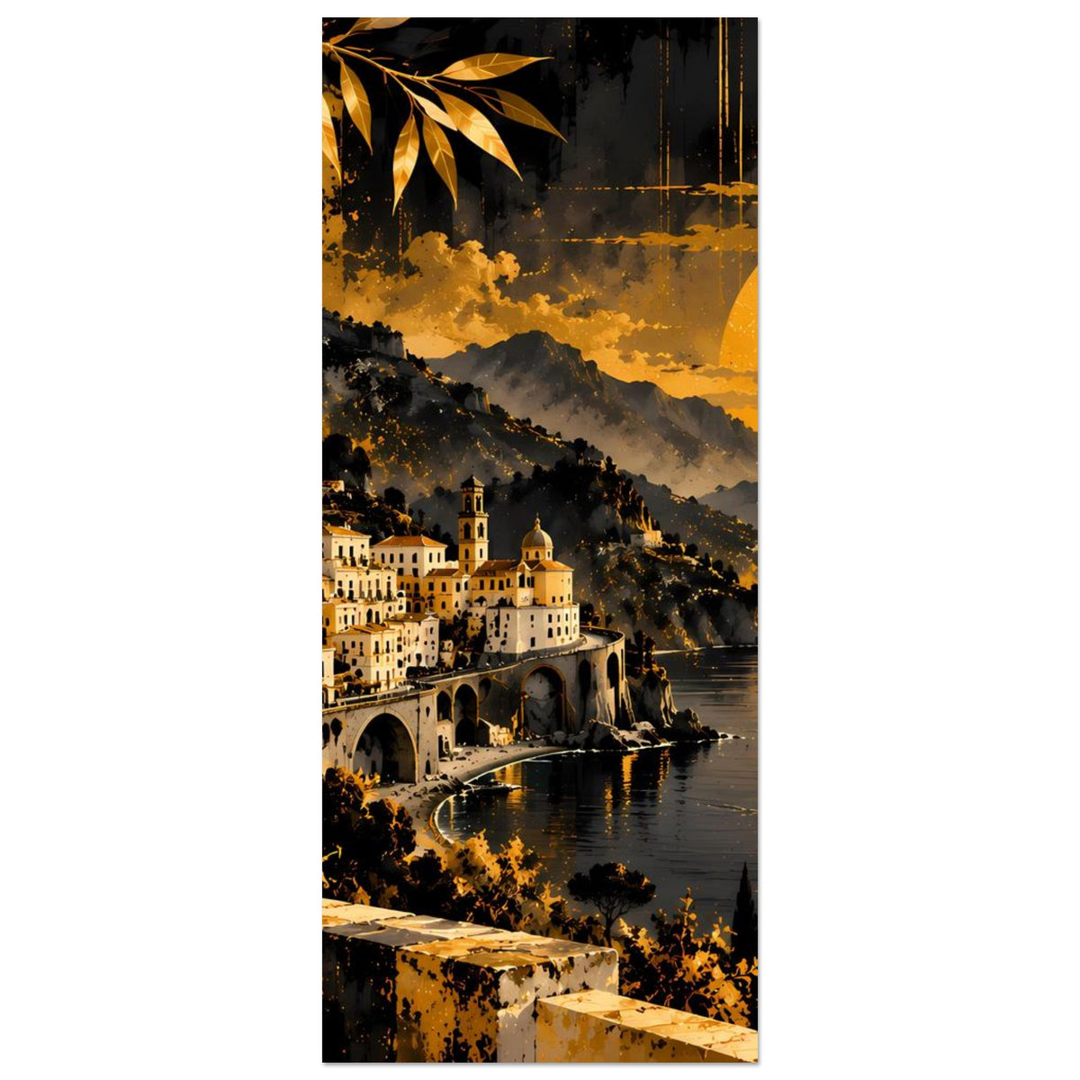 Poster mit Küstenort im Goldton bei Sonnenuntergang, Häuser, Straße am Wasser