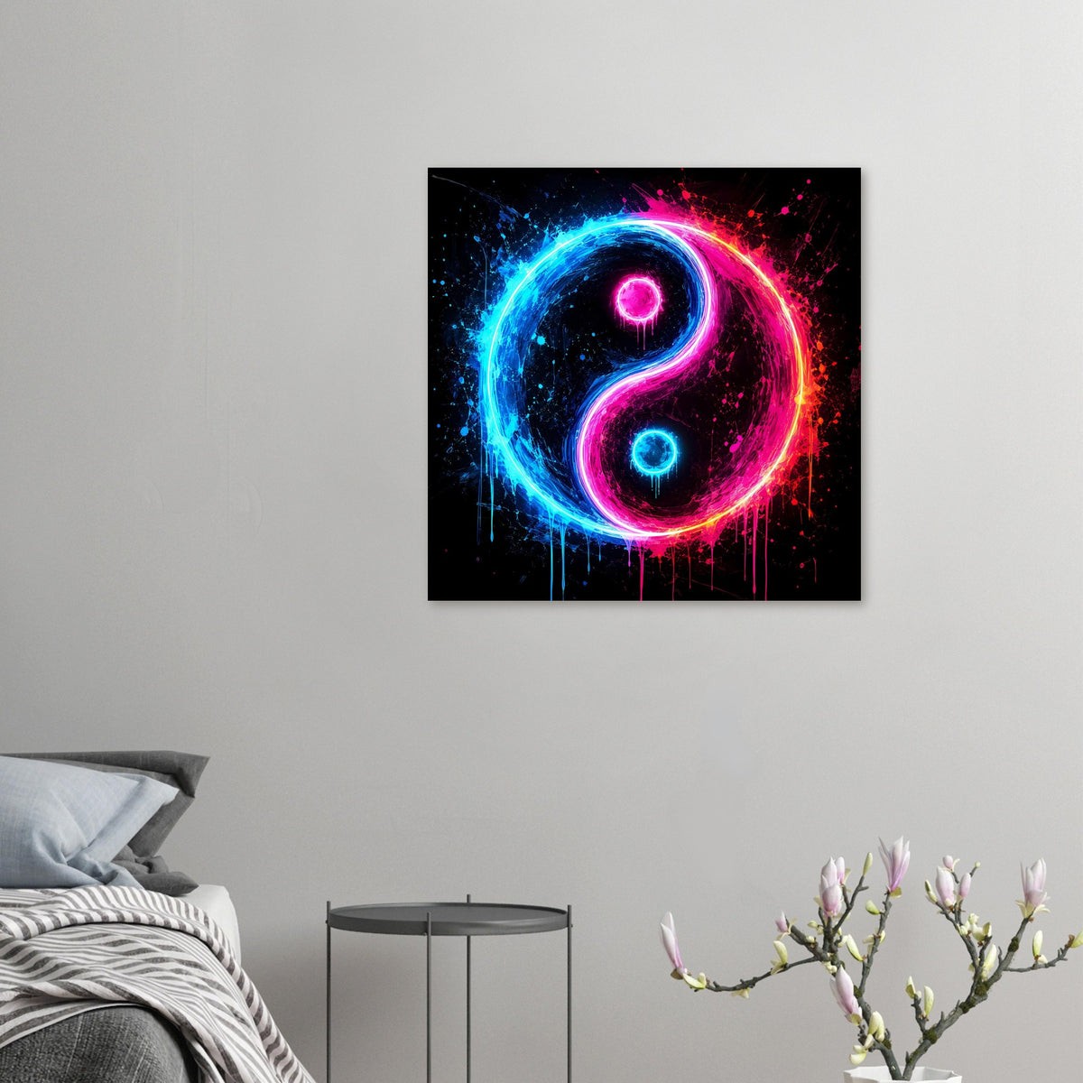 Kleines Neon-Yin-Yang-Poster mit leuchtenden Blau- und Pinkelementen und Glühkonturen