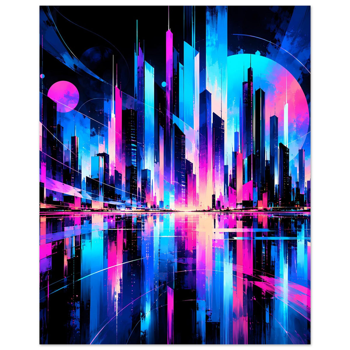Neon-Stadtmotiv Poster im Hochformat mit blauen und pinken Türmen und reflektierendem Wasser