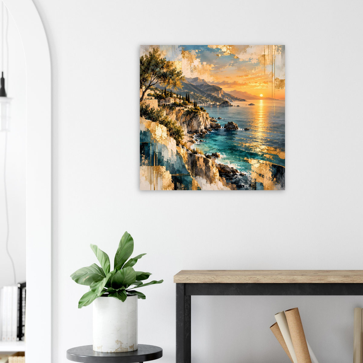 Wandposter mit Küste und goldenem Sonnenuntergang über dem Wasser