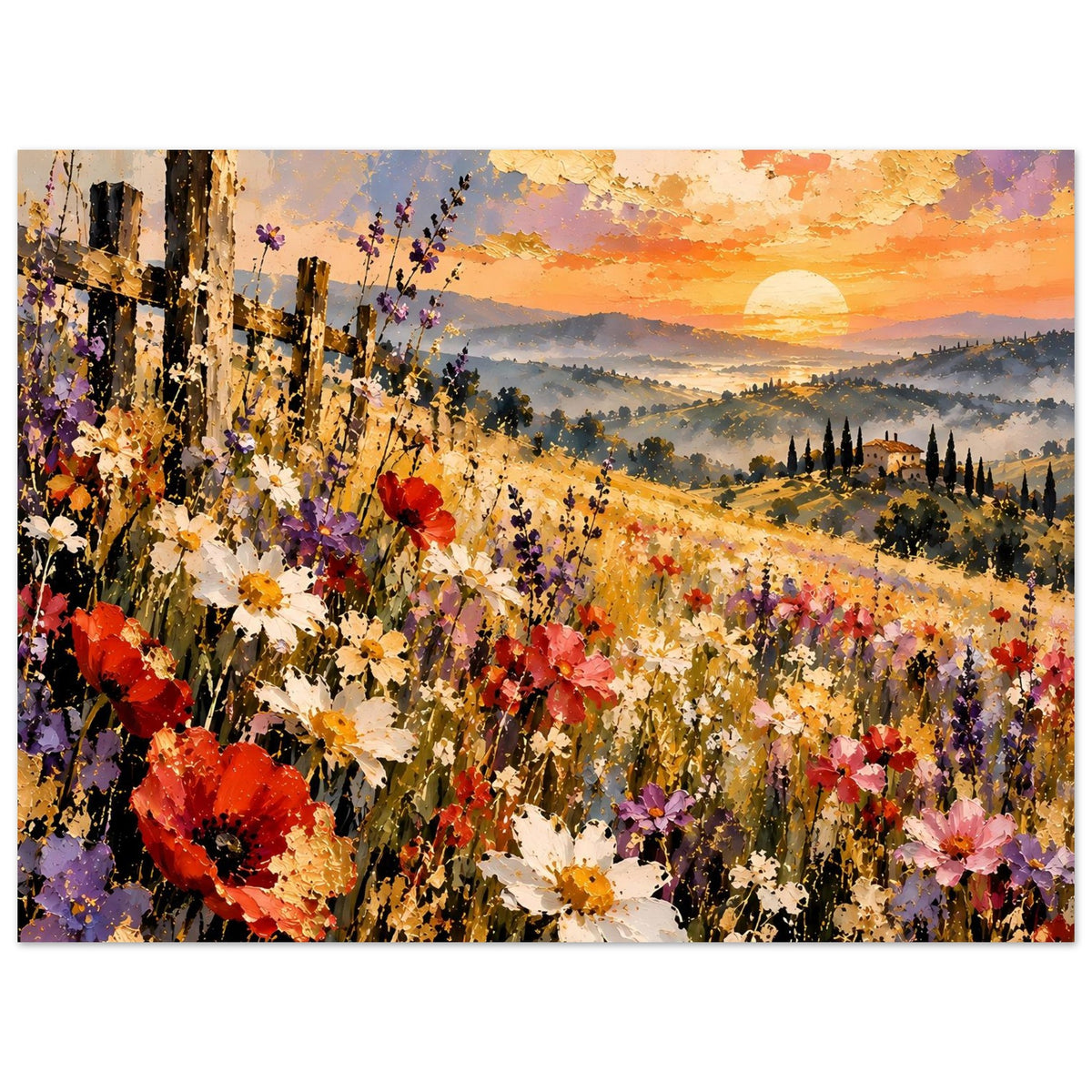 Landschaftsposter: Farbflecken in Rot, Pink und Lila, Sonne am Horizont, Landschaft