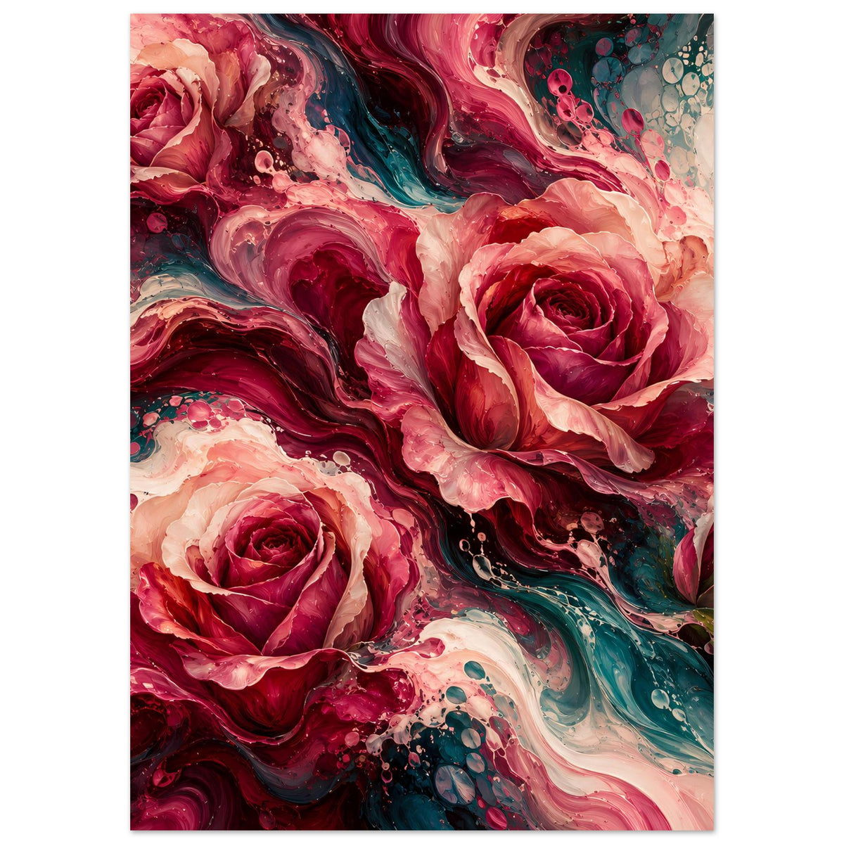 Blumenposter mit abstrakten Rosen in Rot und Türkis, vertikal, ausgewogener Bildausschnitt.