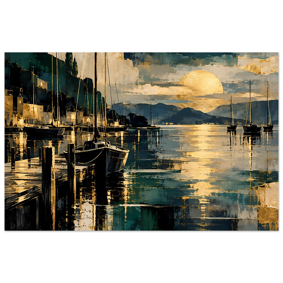Maritimes Poster mit Segelbooten im Hafen, Sonnenuntergang in Blau und Gold (Querformat)