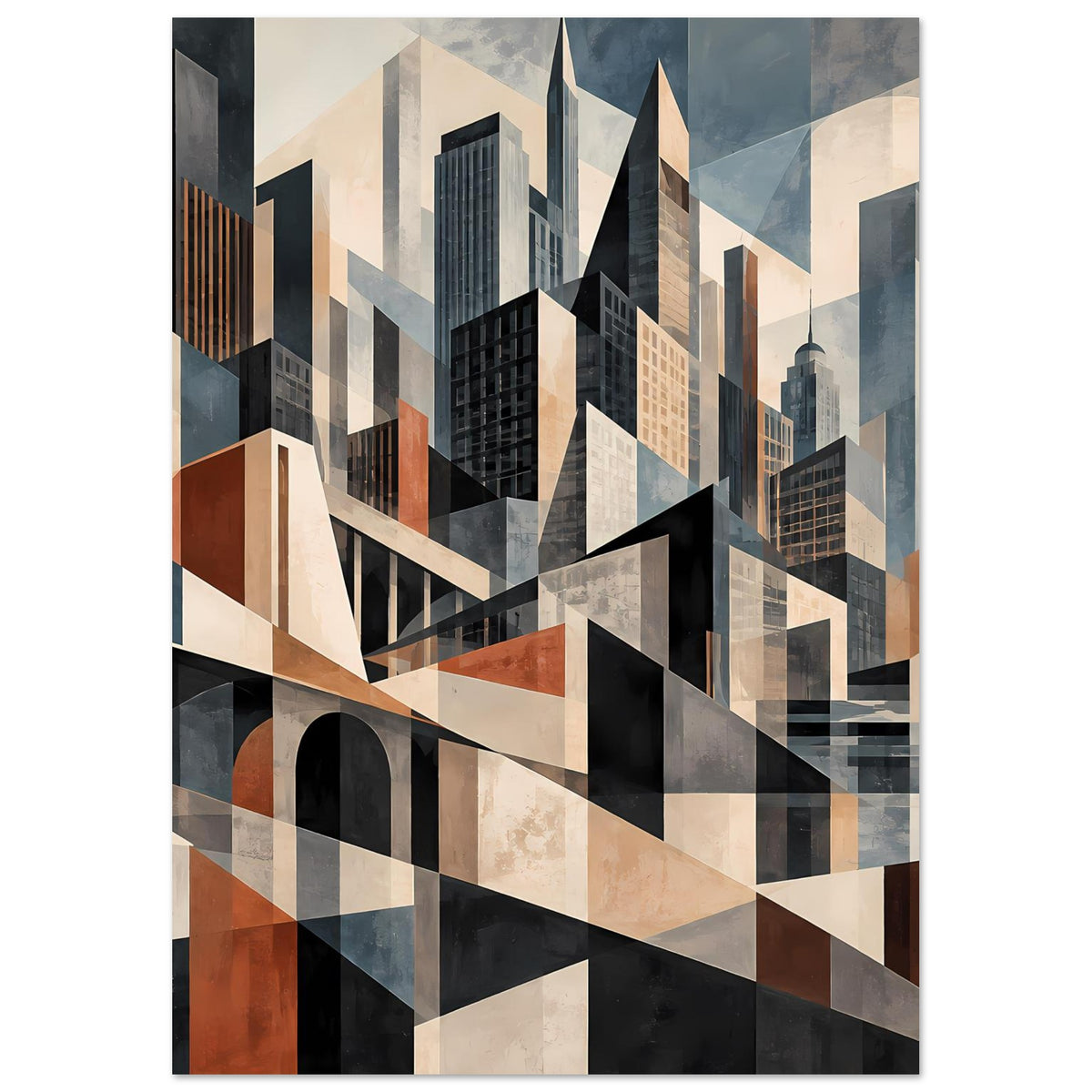Architekturposter mit geometrischen Gebäuden und Brücke, Akzente in Rost, Blau und Dunkelgrau