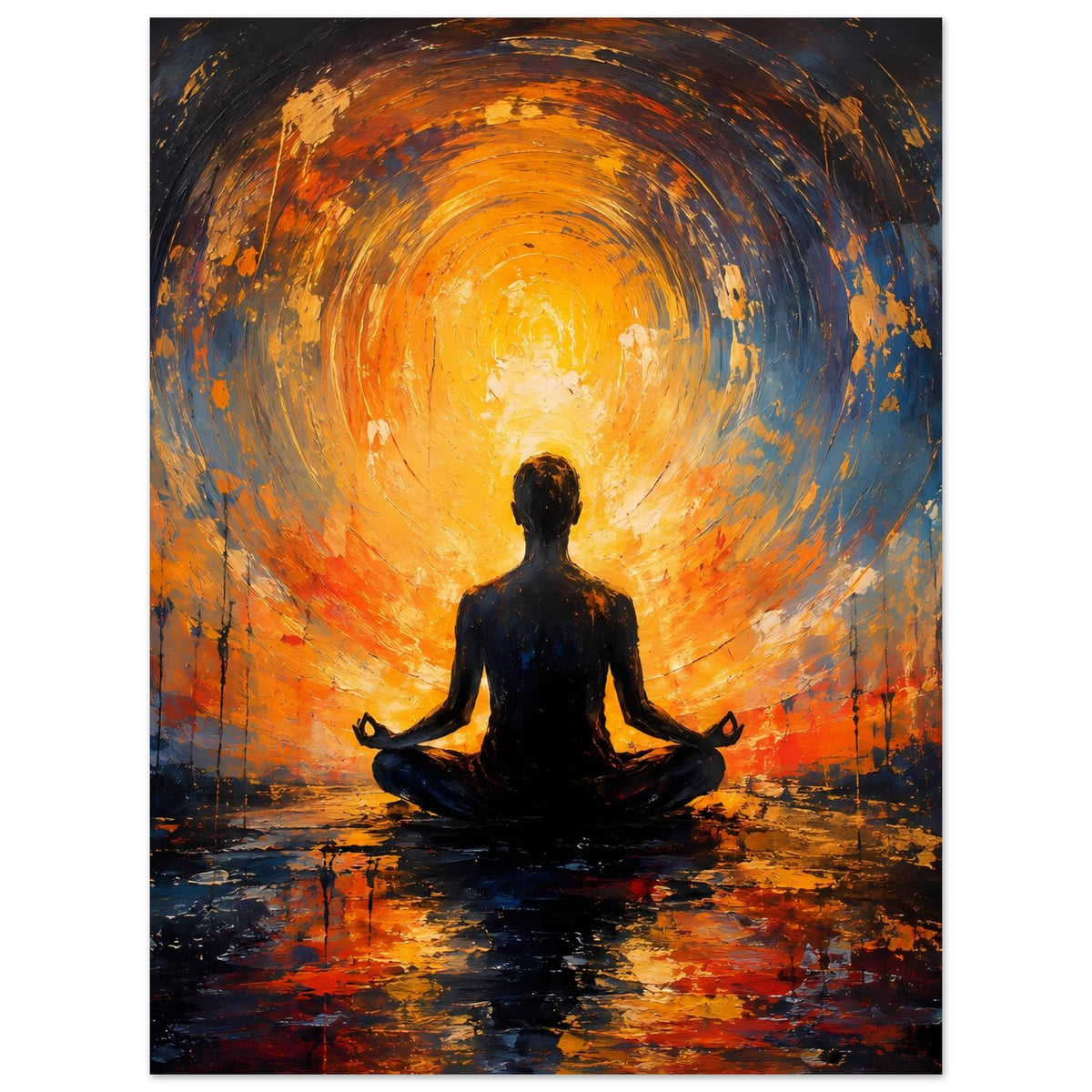 Abstraktes Poster: Meditationsfigur im Zentrum, orangefarbener Lichtkreis, blaue Farbspritzer