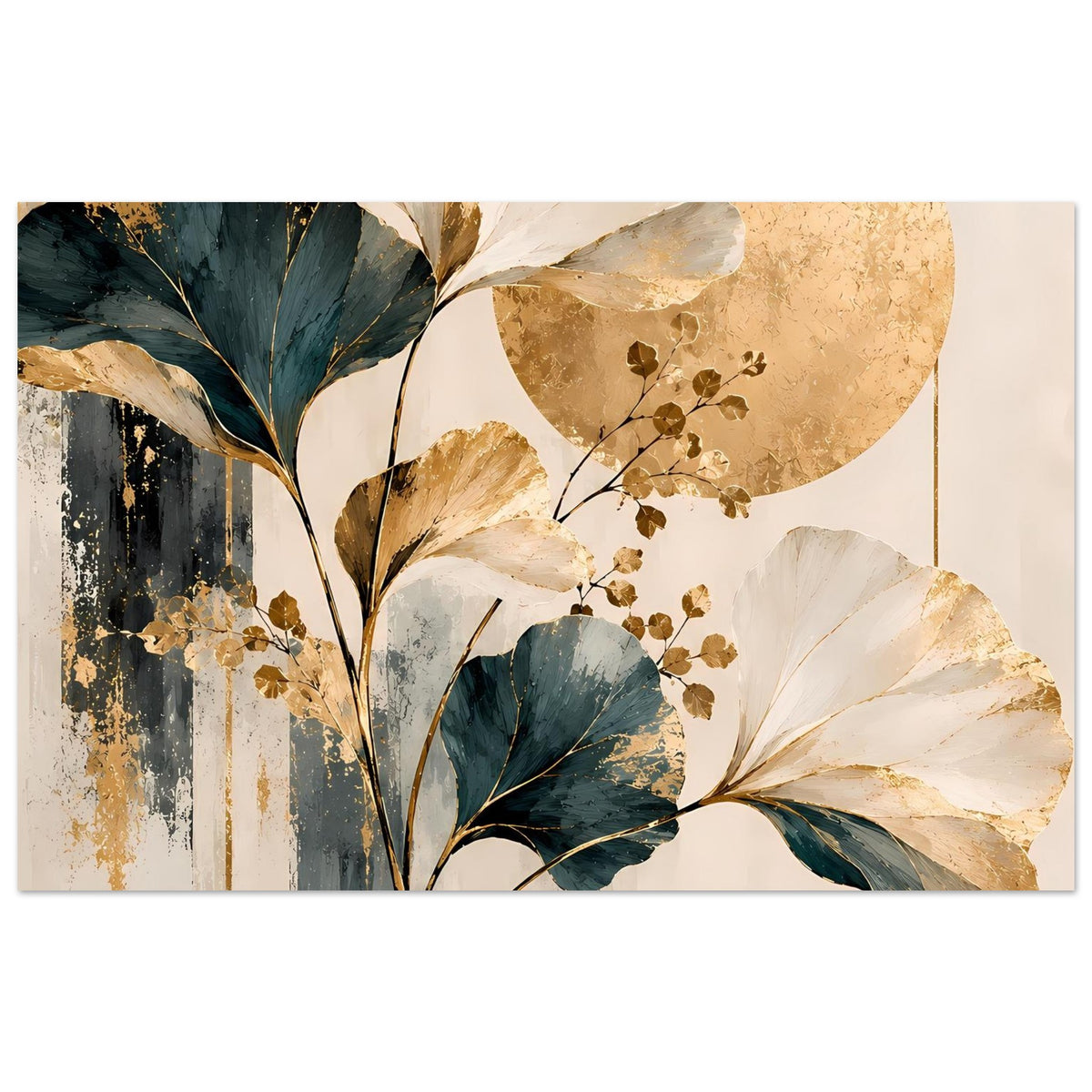 Poster mit goldenen Ginkgoblättern und abstrakter Sonnenscheibe, kontrastreiche Blau-Gold-Töne
