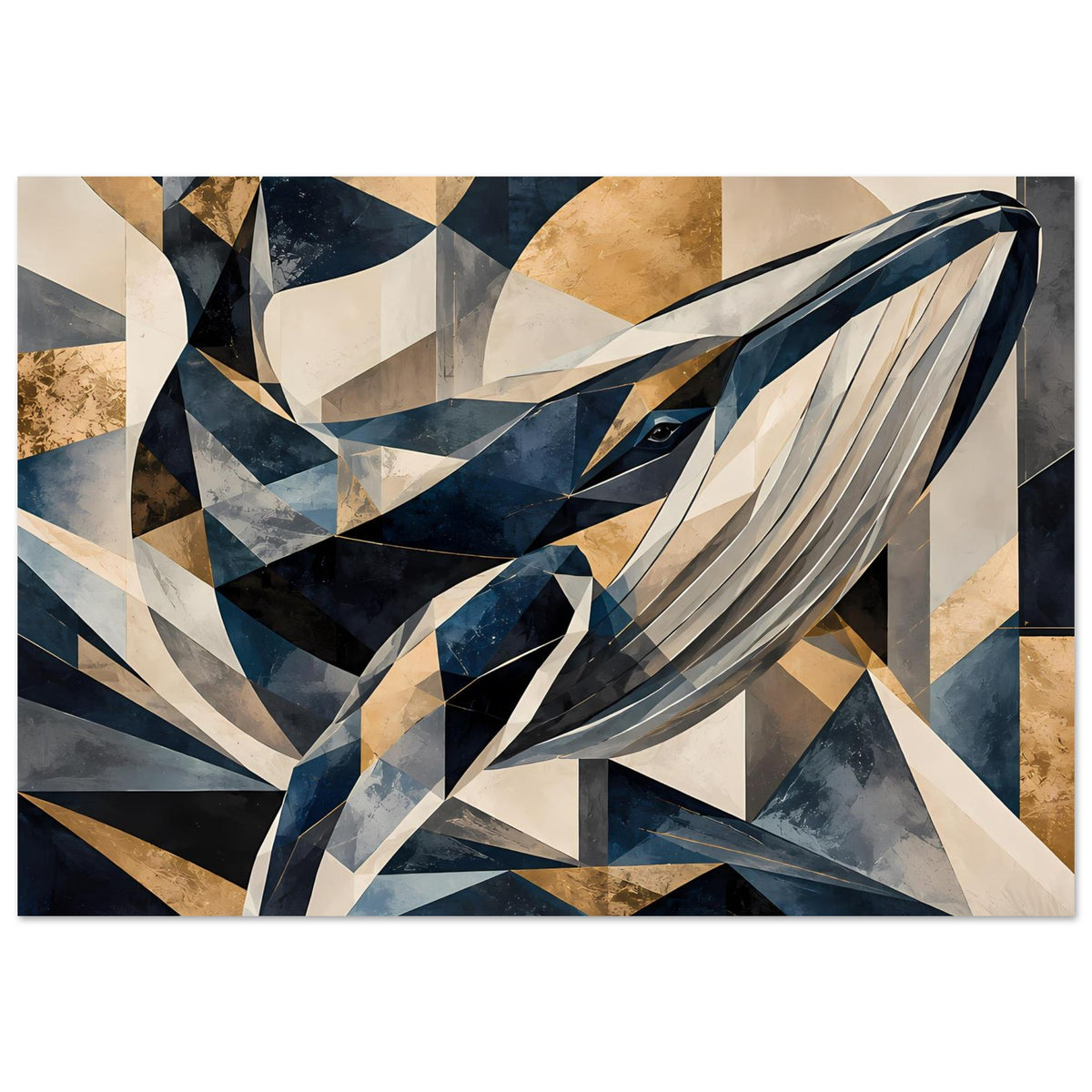 Horizontales Kunstposter mit Walprofil im geometrischen Stil, Blau, Gold, Creme
