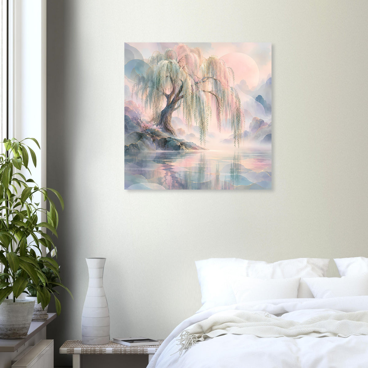 Naturposter mit Trauerweide, Pastellhimmel und spiegelnder Landschaft