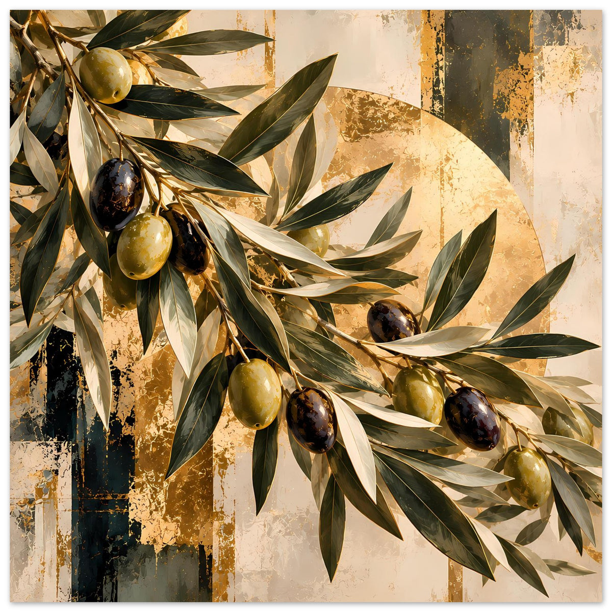 Botanisches Kunstposter mit Olivenzweigen und -früchten in Grün, Gold und Dunkelbraun
