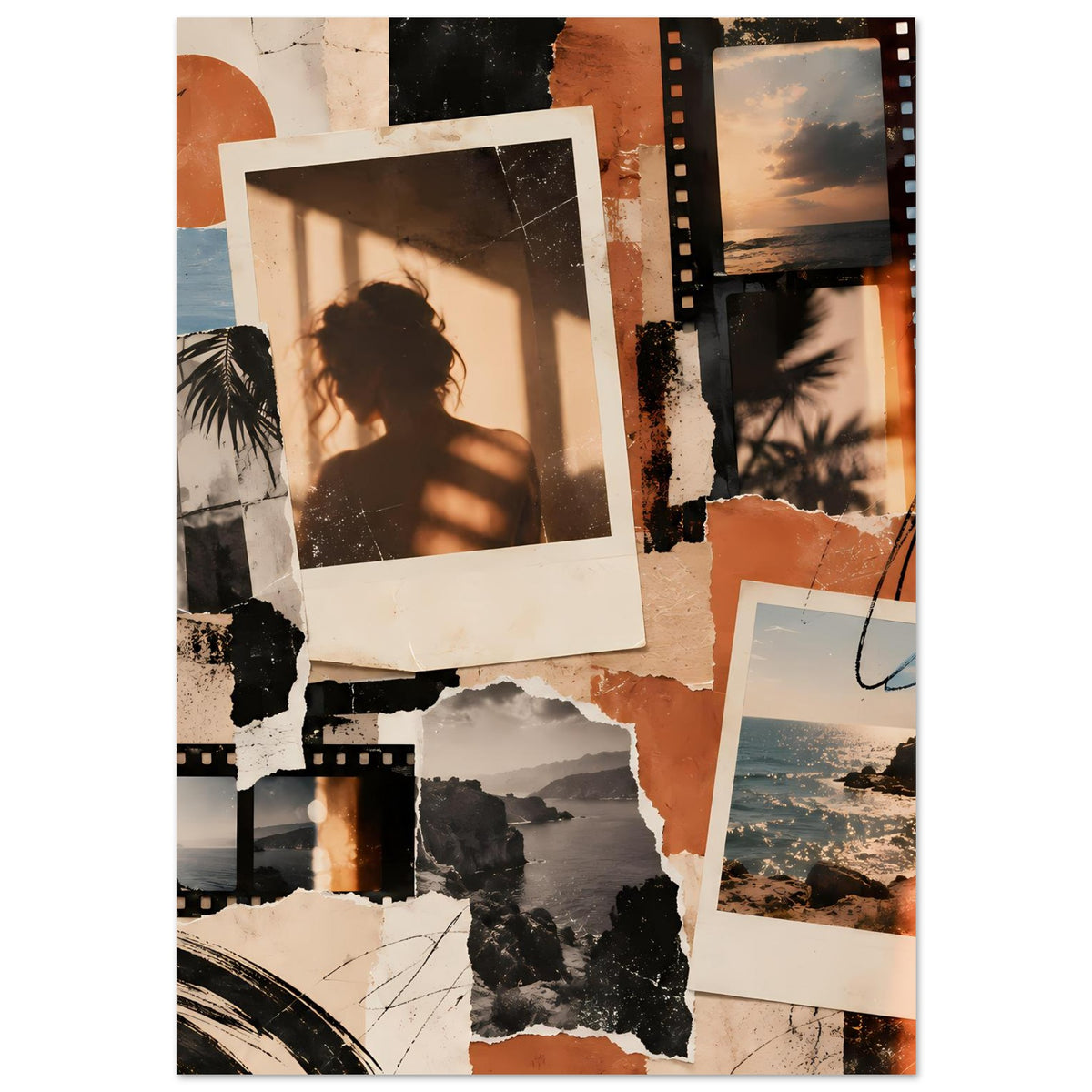 Collage-Poster mit Frauen-Silhouette, Polaroidrahmen, Filmstreifen und Küstenlandschaften