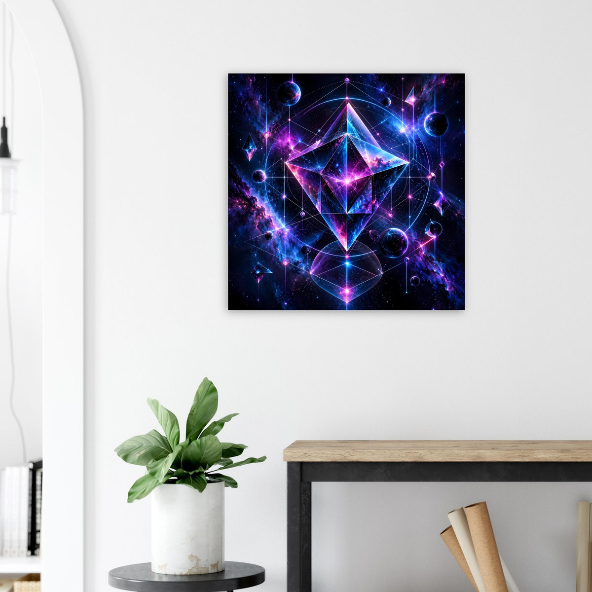 Quadratisches Wandposter mit geometrischem Stern und Funken-Linien, Blau- und Violettfarbtöne