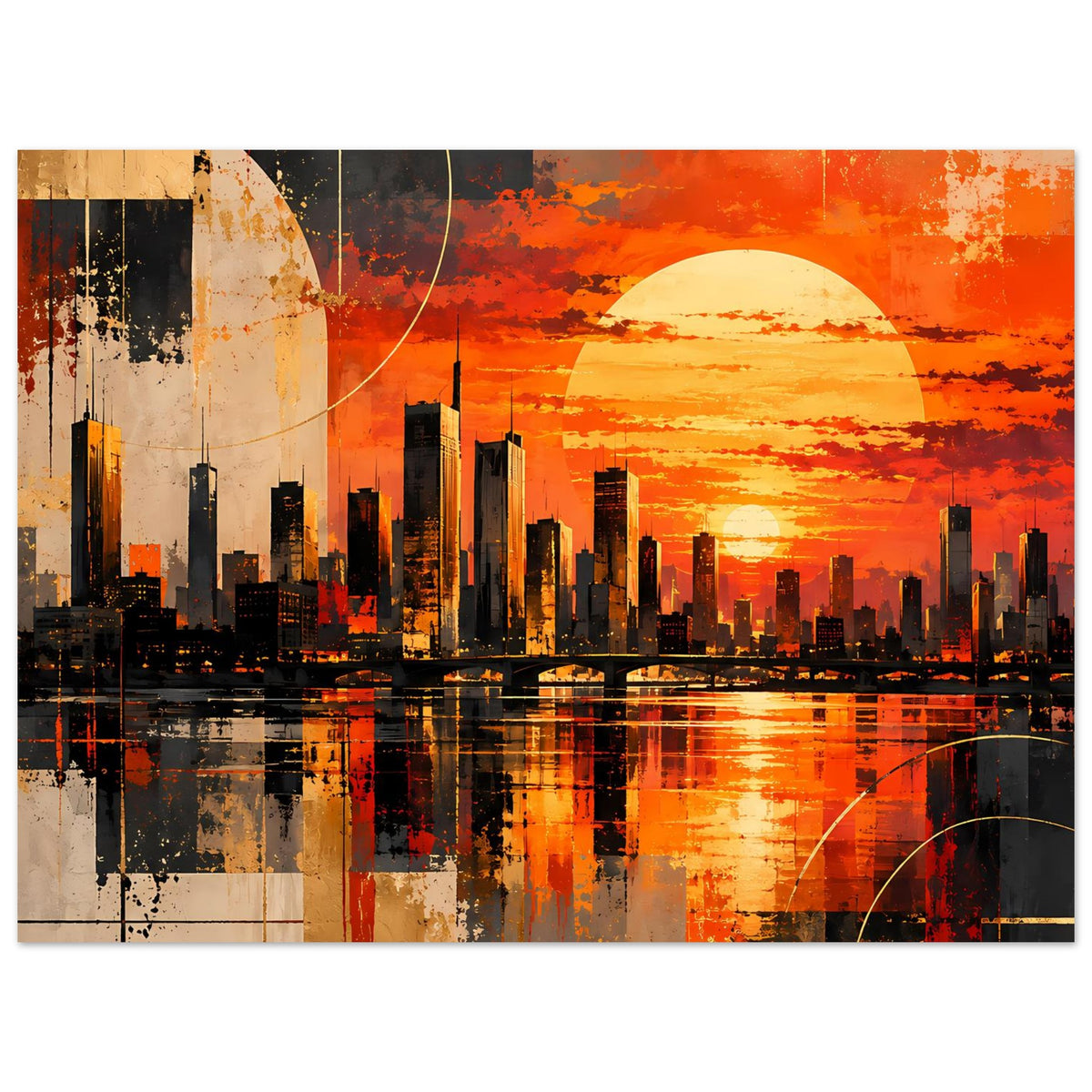 Poster im Querformat: Stadtsilhouette bei orangefarbenem Sonnenuntergang, Sonne und Wasserreflexion