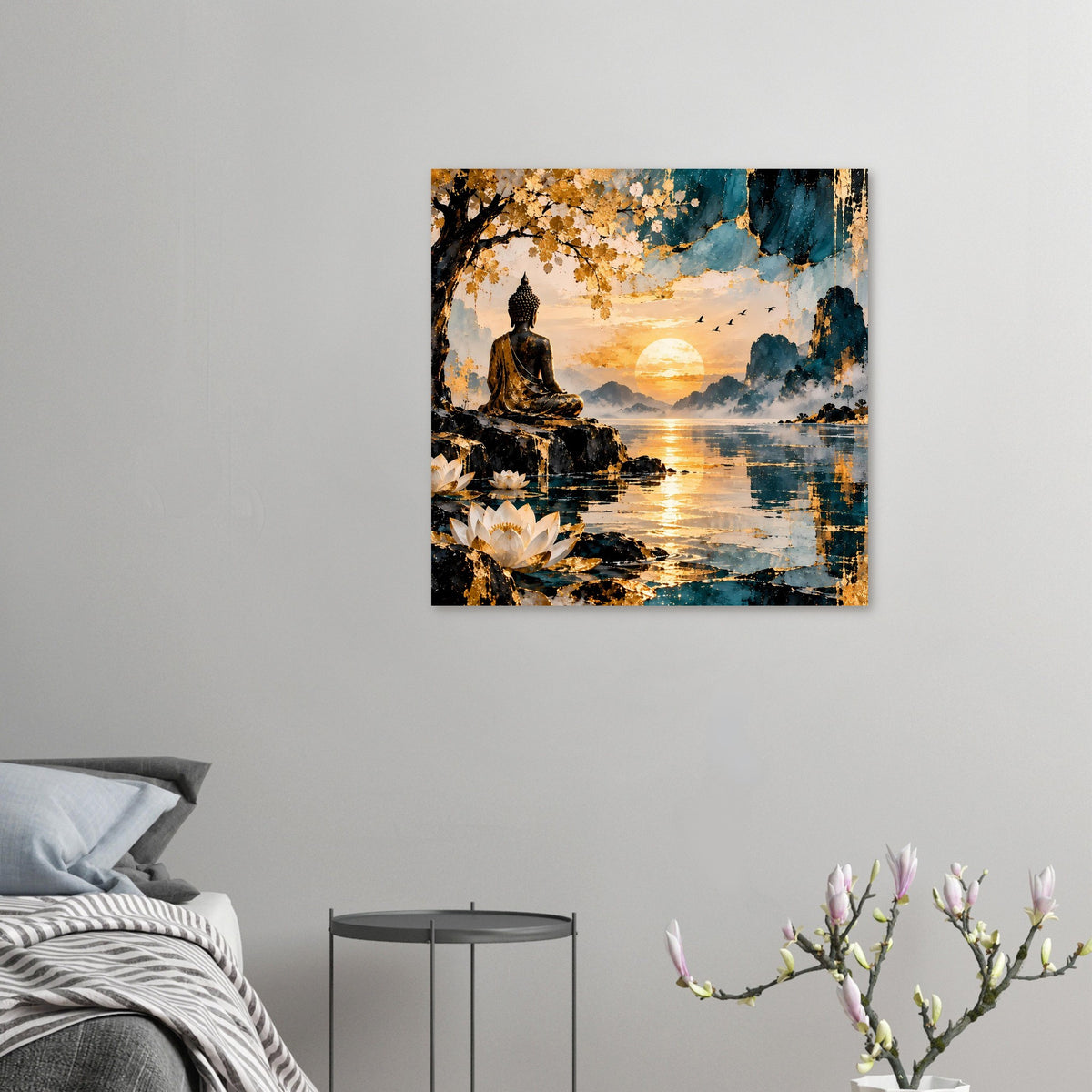 Wandposter mit Buddha-Szene: goldblauer Sonnenuntergang, Lotusseer, Vögel und Sonnenkreis
