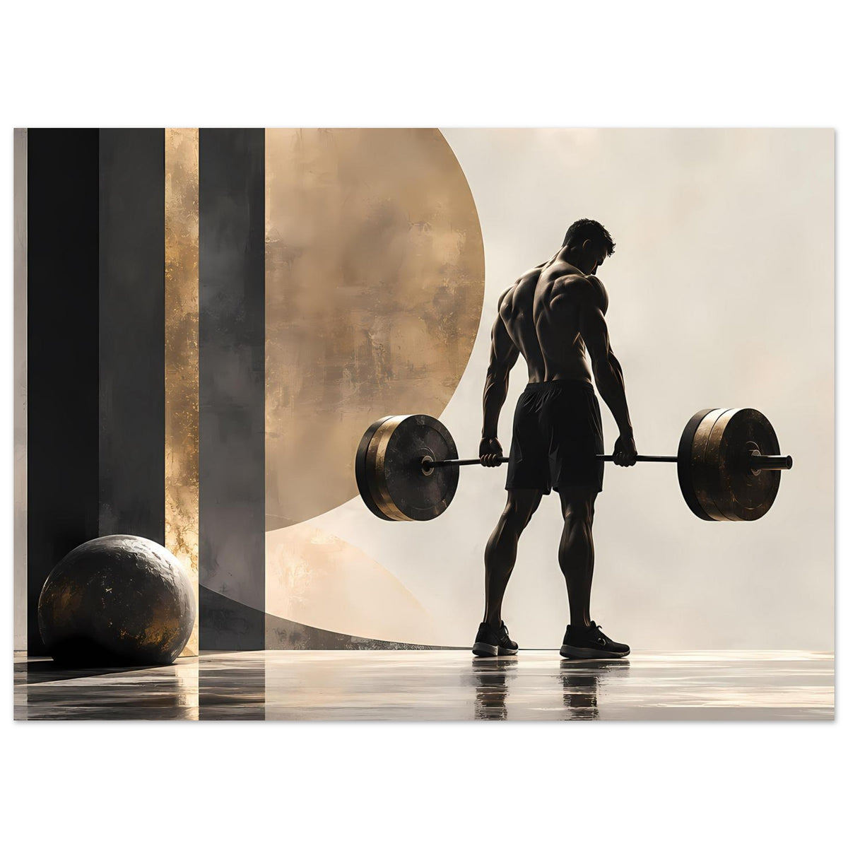 Krafttraining-Poster: Silhouette hebt Hantelstange, große Kugelgewichte im Vordergrund