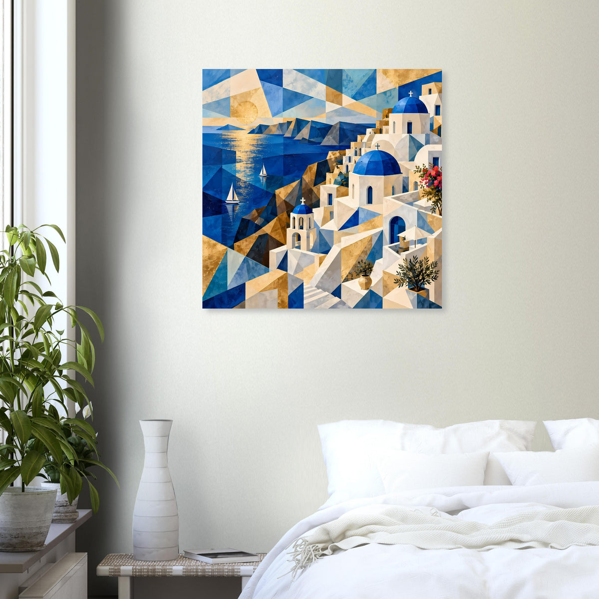 Geometrisches Poster mit blauem Wasser, goldenen Formen und weißem Häuserensemble mit Kuppeln