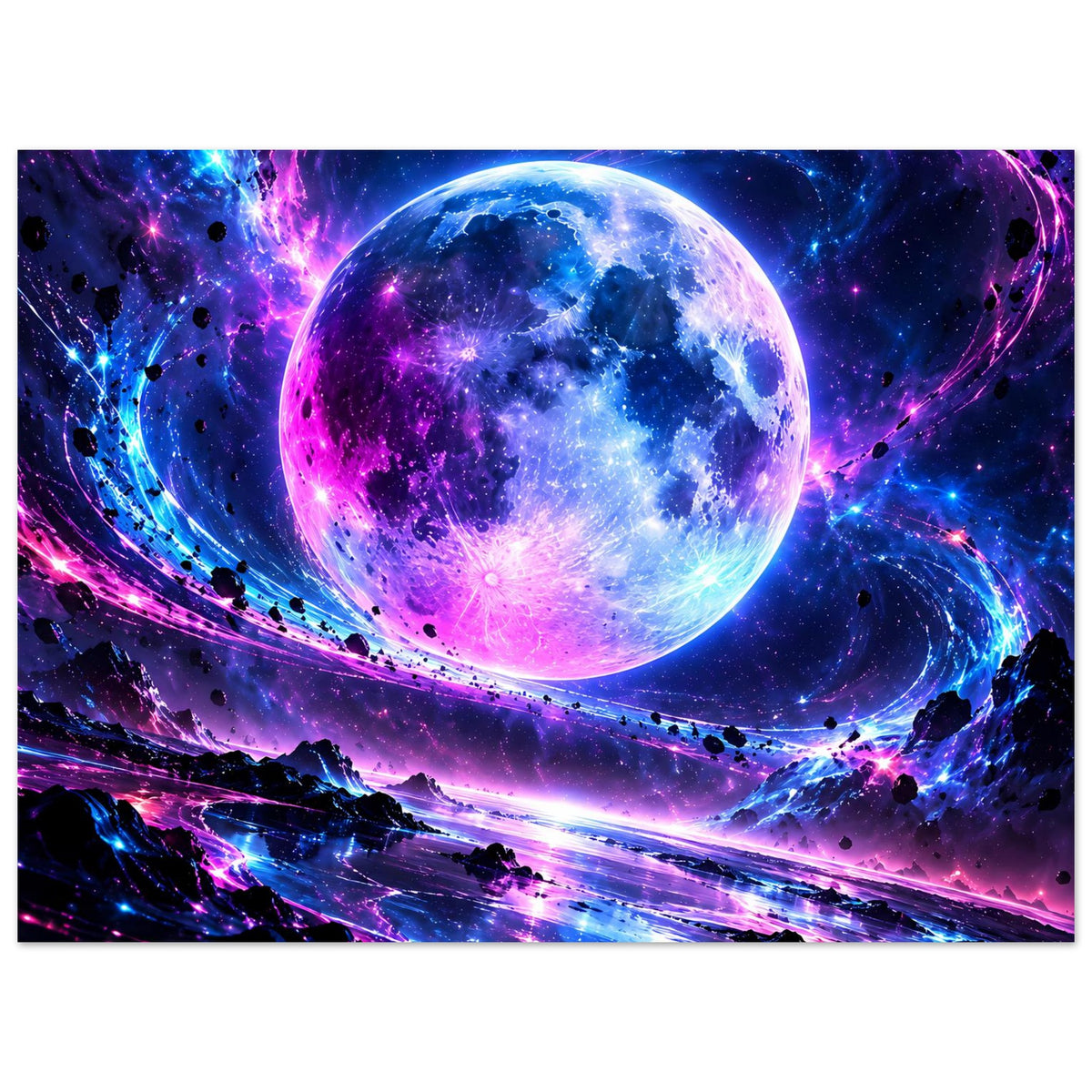 Querformat-Poster mit Planetenkugel, violetten und blauen Nebeln und leuchtenden Kometenspuren.